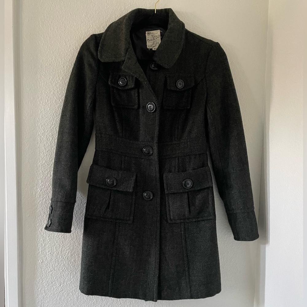Tulle Pea Coat wool blend dark moody Green XS